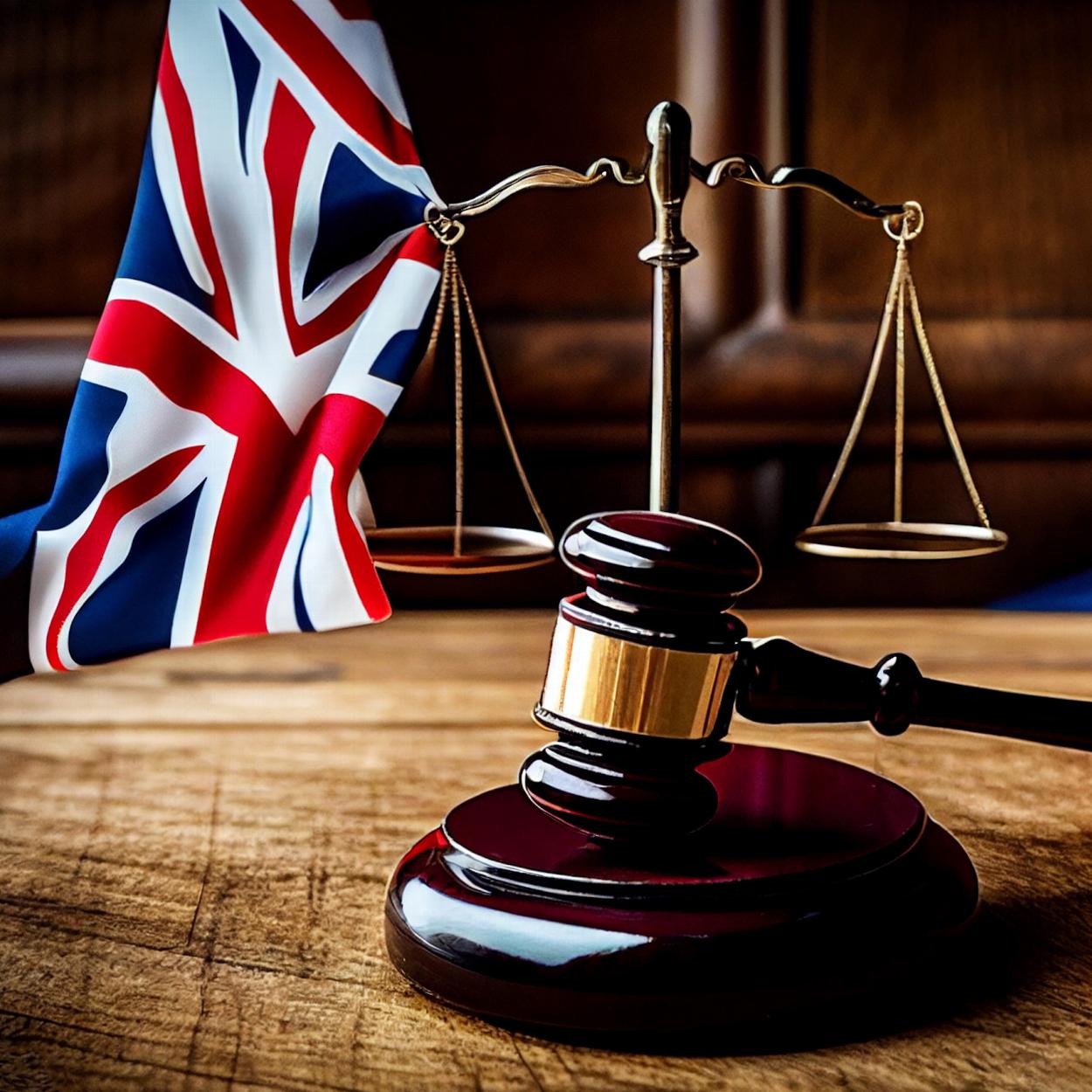 Gavel and scales in front of British flag