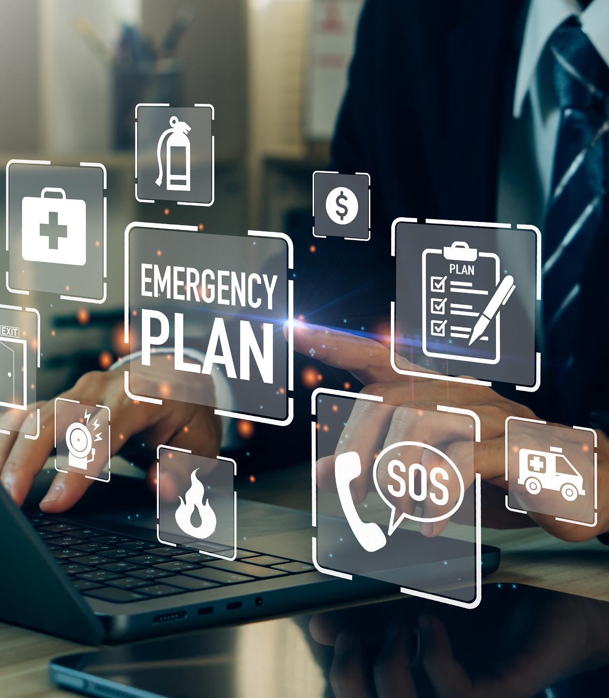 Concept man clicking button to emergency plan